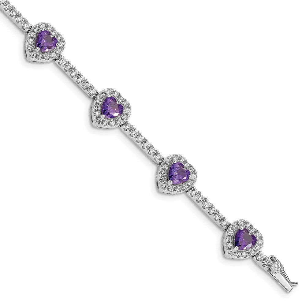 Sterling Silver Rhodium-plated Amethyst and Clear CZ Heart Bracelet 7 inches
