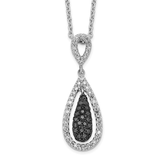 White Night Sterling Silver Rhodium-plated Black and White Diamond Double Teardrop 18 Inch Necklace with 2 Inch Extender 18 Inches