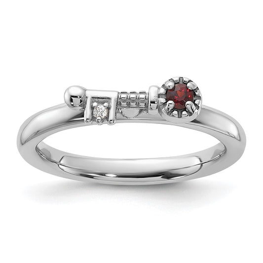 Sterling Silver Stackable Expressions Rhodium-plated Garnet and White Topaz Key Ring Size -6