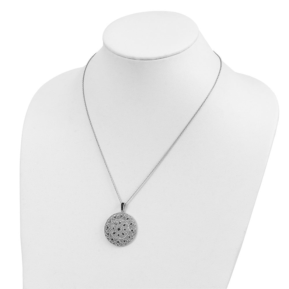 White Night Sterling Silver Rhodium-plated Black Diamond Circle Pendant 18 Inch Necklace with 2 Inch Extender 18 Inches