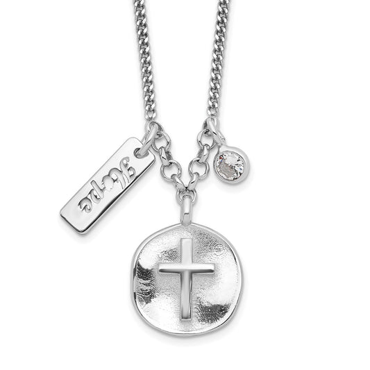 Sterling Silver Rhodium-plated Satin Cross/Hope/CZ w/1.5in Ext Necklace 16 Inches