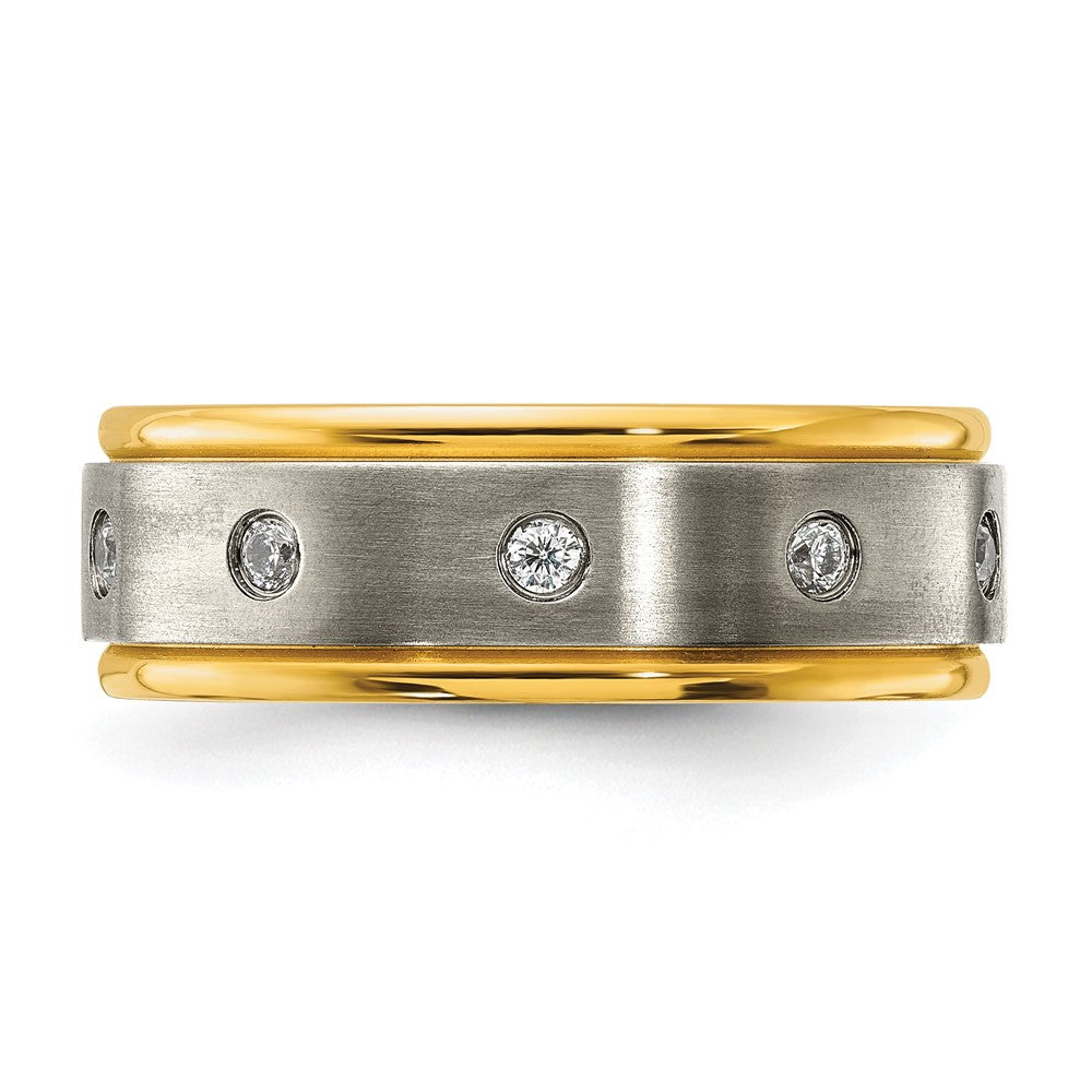 Titanium Polished w/Brushed Center Yellow IP-plated CZ 8.00mm Band Size - 7.5