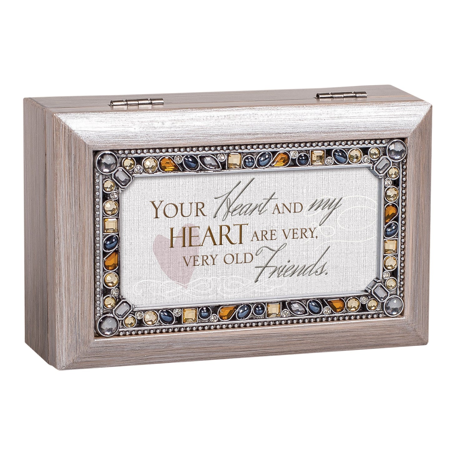 Jeweled Woodgrain Resin OLD FRIENDS Sentiment Music Box (Plays Wind Beneath My Wings) QGM18612