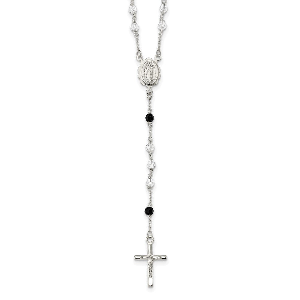Sterling Silver Polished and Black Crystal Bead Rosary 23.5 inch Necklace 23.5 Inches