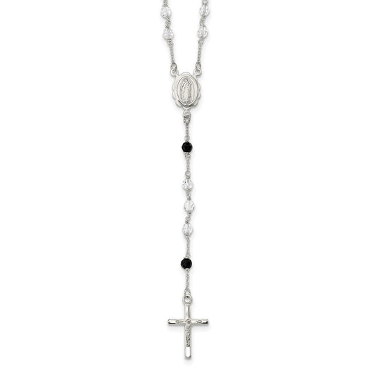Sterling Silver Polished and Black Crystal Bead Rosary 23.5 inch Necklace 23.5 Inches