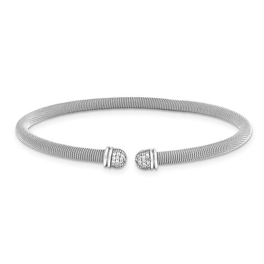 Sterling Silver Rhodium 7.25 plated Cuff Bypass CZ Bangle