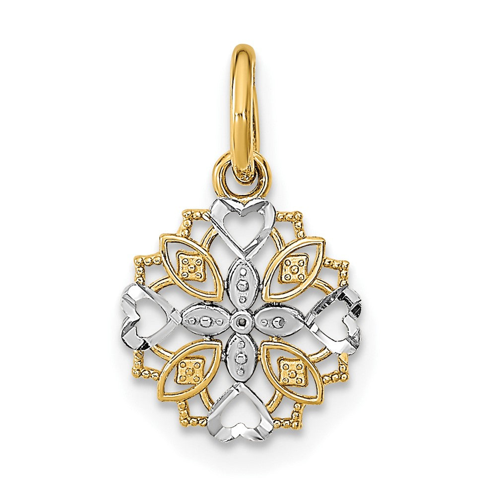 10K w/Rhodium Cut-Out Heart Edge Flower Charm