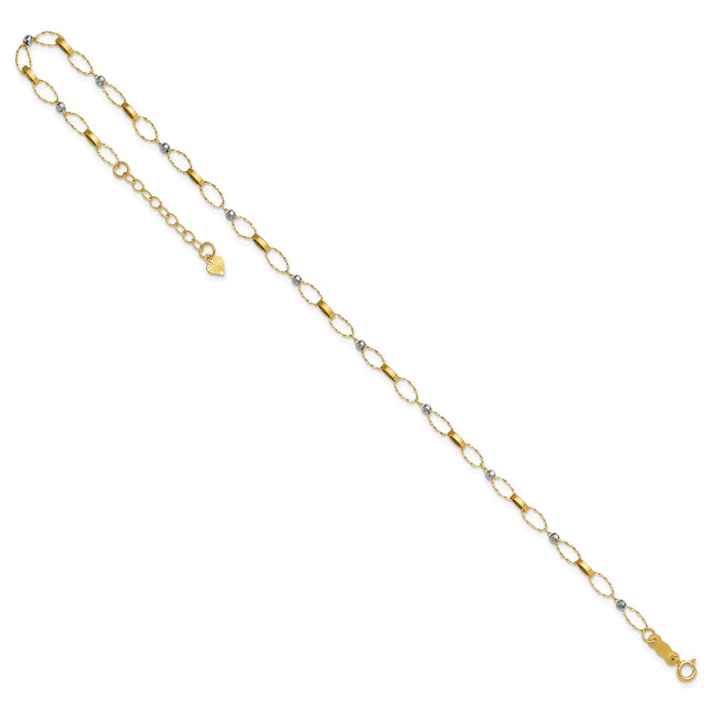 14k Two-tone Polished and Twisted Fancy Oval Links and Faceted Beads 9 inch Plus 1 inch Extension Anklet