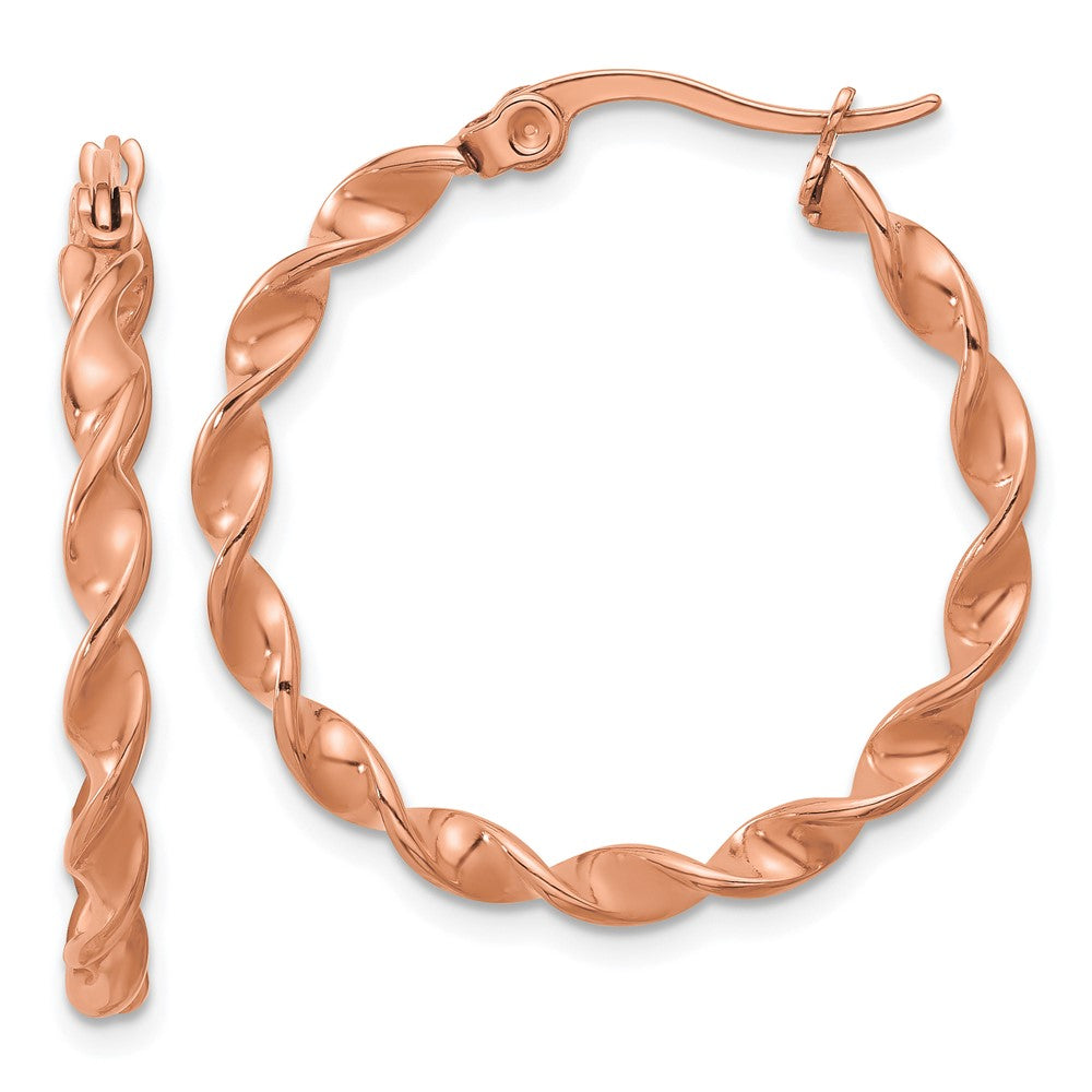 Chisel Stainless Steel Polished Rose IP-plated Twisted Hoop Earrings