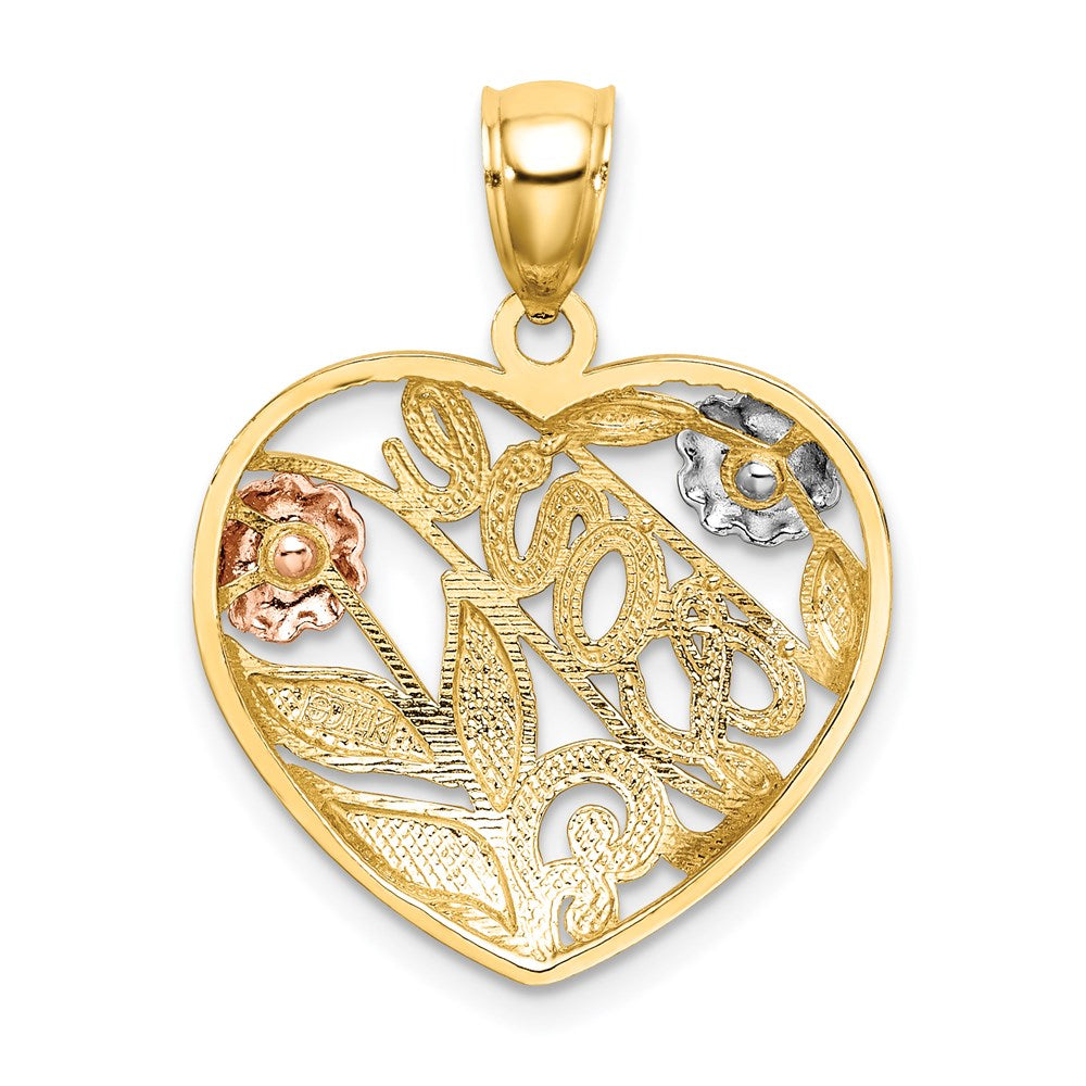 14k Two-Tone w/ White Rhodium Heart w/LOVE and Flowers Charm