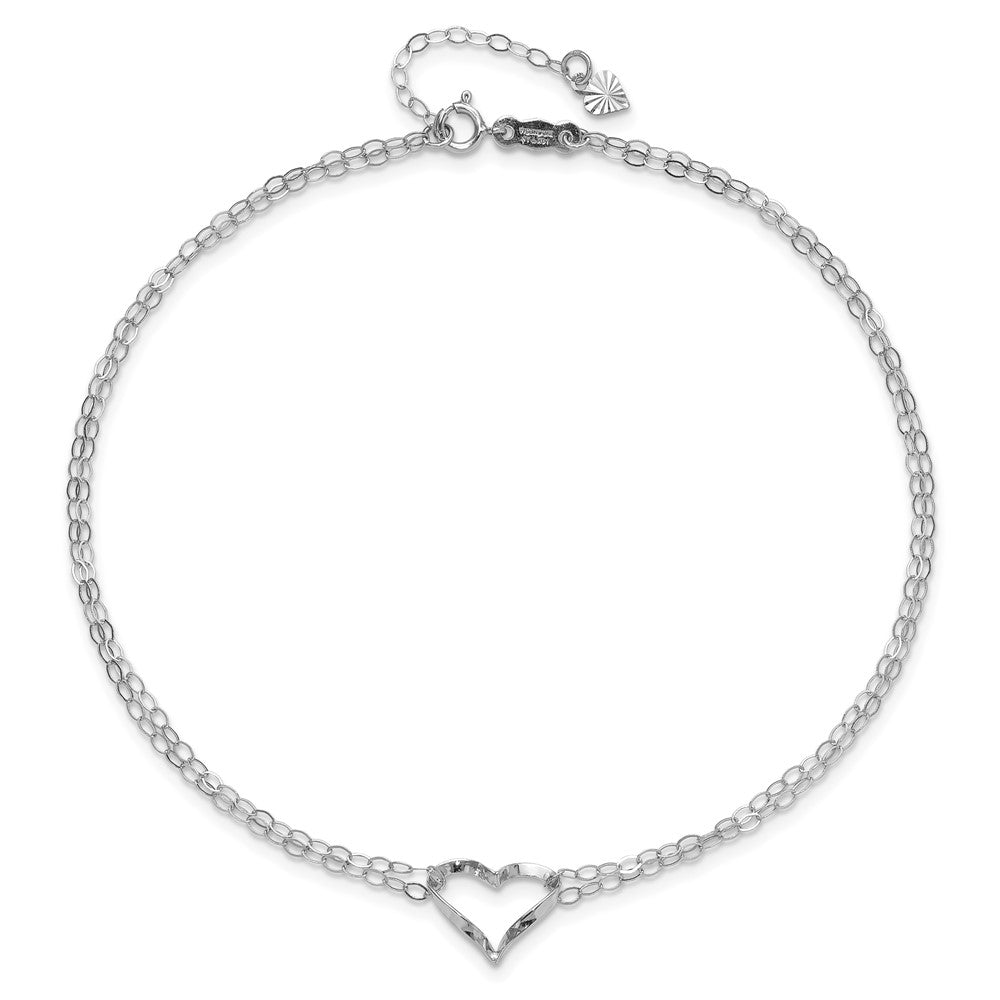 14k White Gold Double Strand Heart 9in Plus 1in ext. Anklet 9 inches