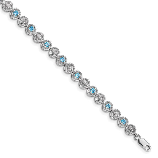 Sterling Silver Rhodium-plated Blue Topaz Diamond Bracelet 7 inches