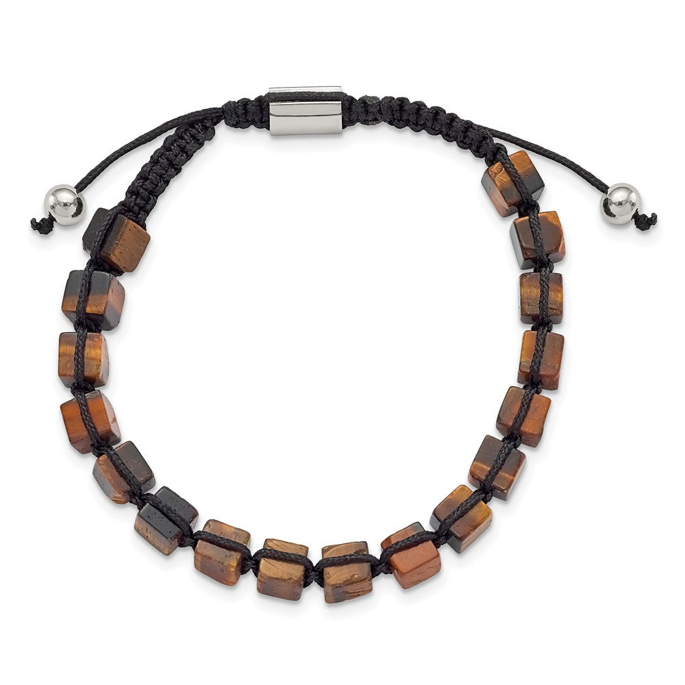 Stainless Steel Polished with Tiger's Eye Macrame Adjustable Bracelet 8.5 inches