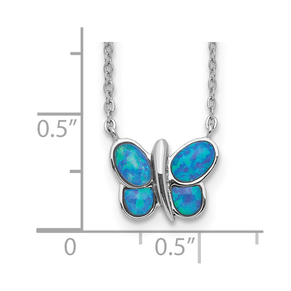 Sterling Silver Rhodium plated Created Opal Butterfly Inlay Necklace 18 Inches