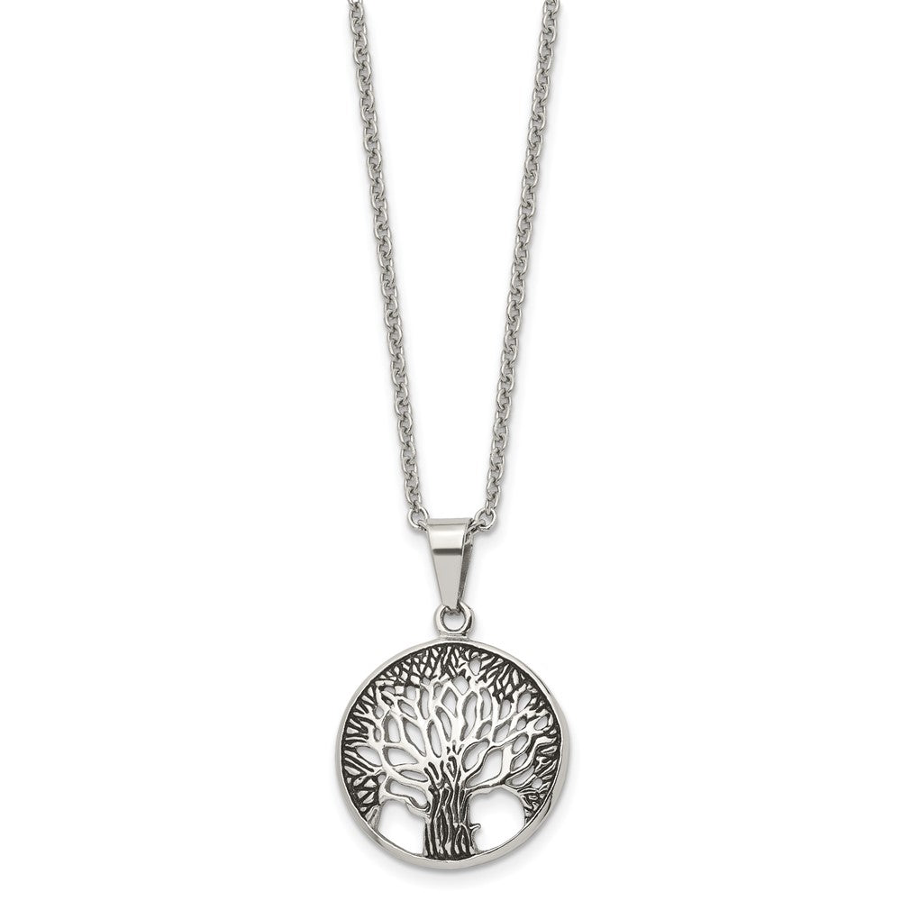 Stainless Steel Antiqued and Polished Tree of Life 20in Necklace