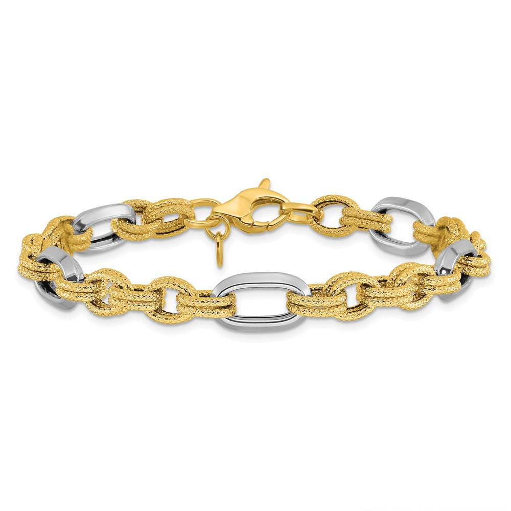 14K Two-tone Polished and Textured Fancy Link Bracelet 7.75  inches