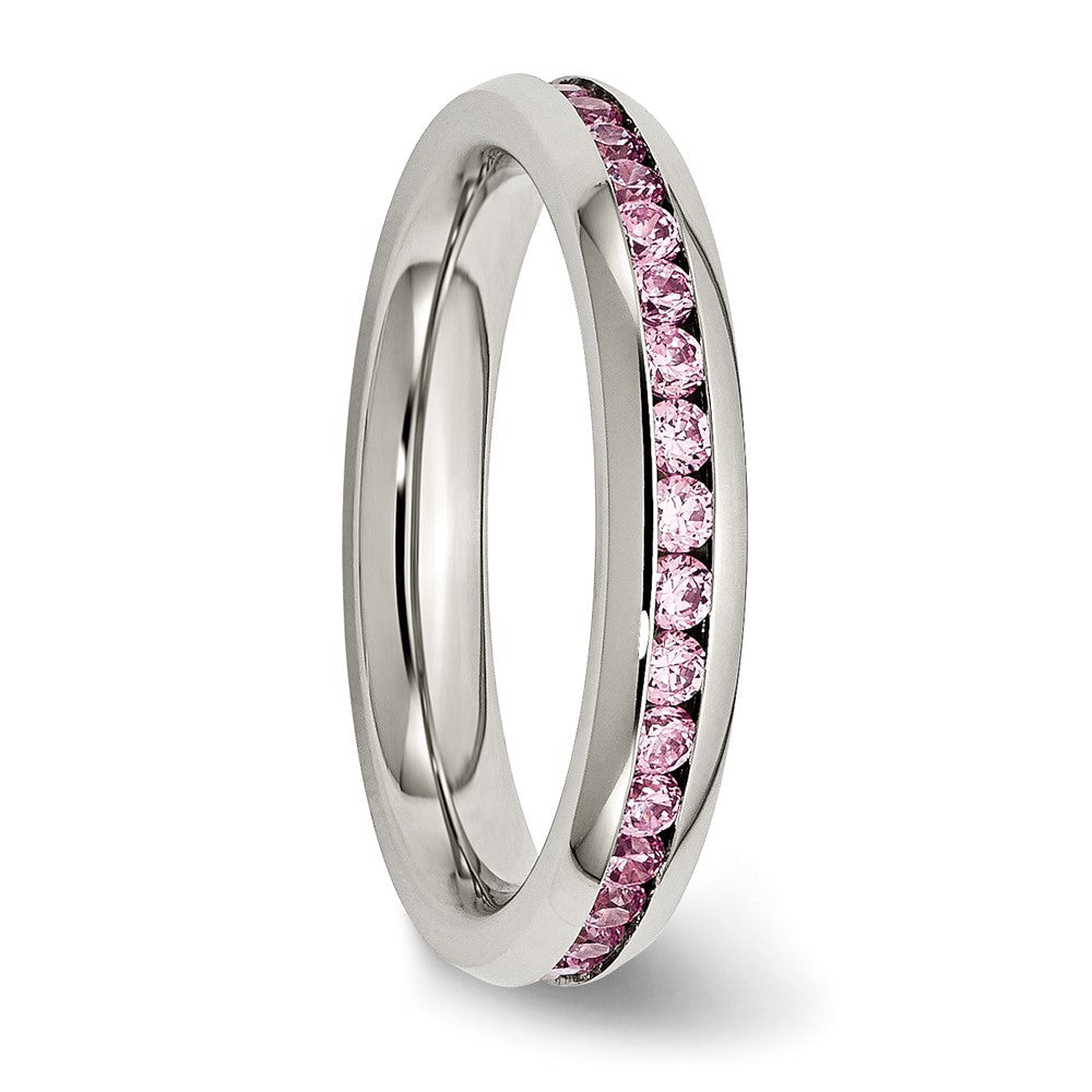 Stainless Steel Polished 4mm October Pink CZ Ring Size - 7