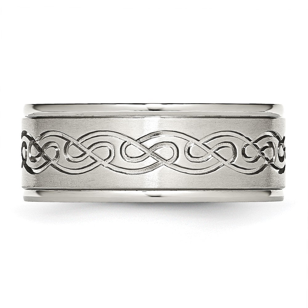 Stainless Steel Brushed/Polished Scroll Design 9mm Ridged Edge Band Size - 13.5