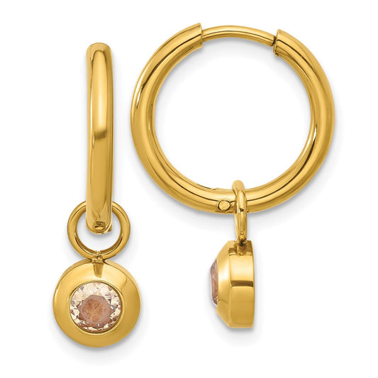 Chisel Stainless Steel Polished Yellow IP-plated with Removeable Champagne CZ Dangle Hinged Hoop Earrings