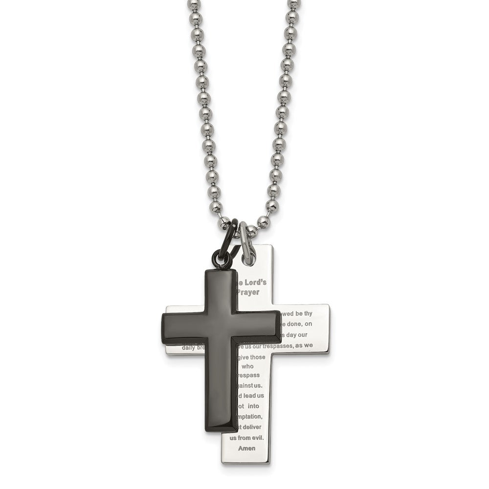 Stainless Steel Polished Black IP-plated Lord's Prayer Cross Necklace