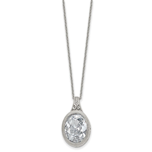 Stainless Steel Brushed and Polished w/Crystal Oval 18in Necklace