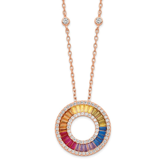 Prizma Sterling Silver Rose-tone 14K Flash Rose Gold-plated 16 inch Colorful Baguettes CZ Circle Necklace with 2 inch Extender 16 Inches