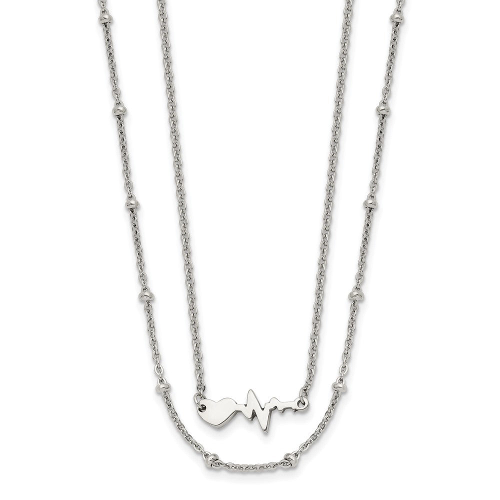 Stainless Steel Polished 2-Strand Heartbeat w/1.75in ext. 17in Necklace