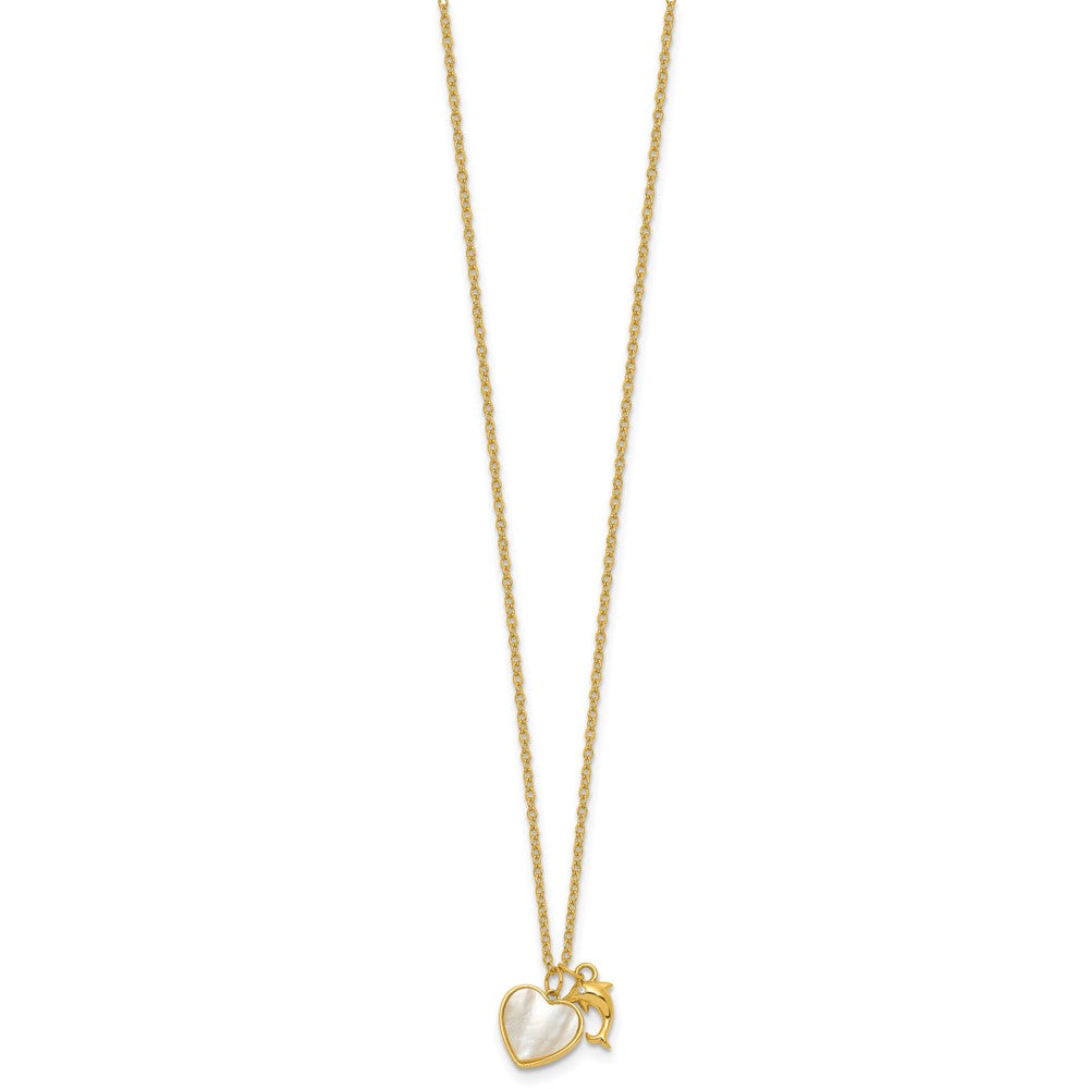 SS Gold-tone MOP and CZ Heart and Dolphin 16in w/2in Ext Necklace 16 Inches