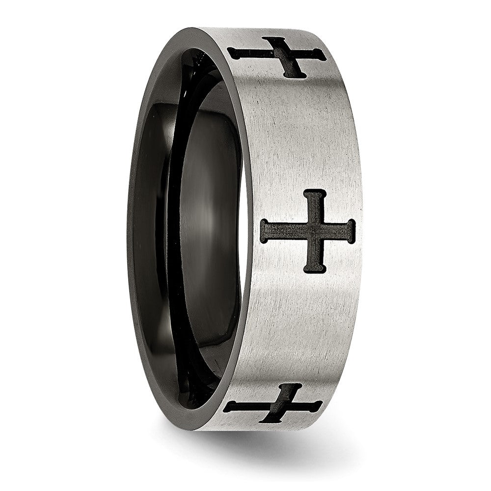 Stainless Steel Brushed/Polished Black IP-plated Crosses 7mm Band Size - 9.5