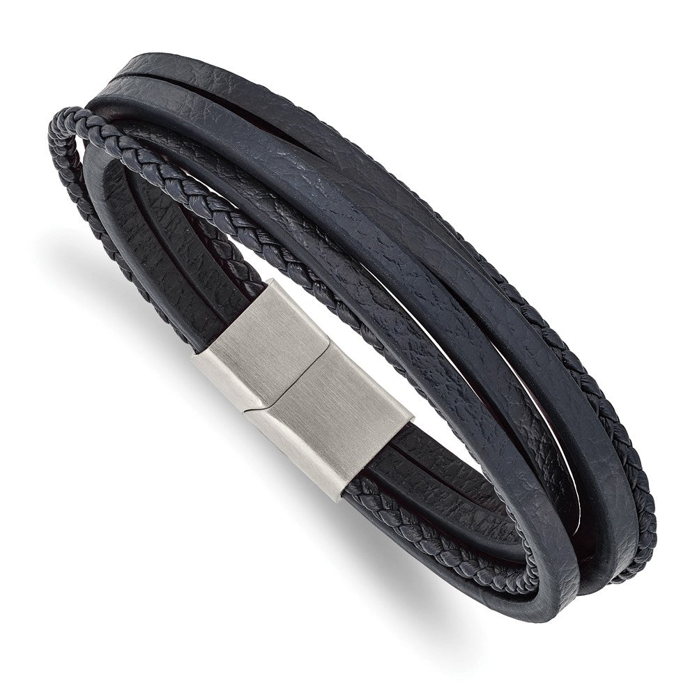 Stainless Steel Brushed Navy Blue Leather Multi Strand 8in Bracelet 8 inches