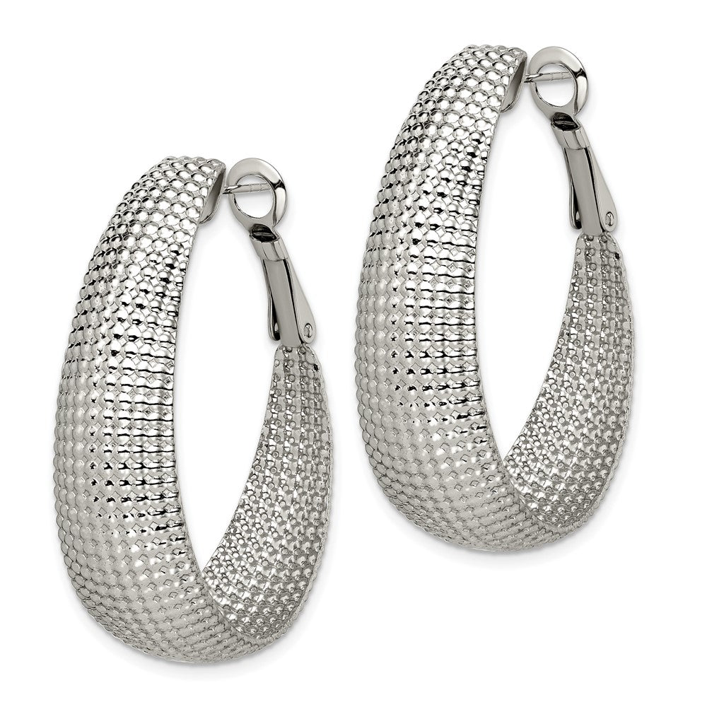 Stainless Steel Polished and Textured Oval Omega Back Hoop Earrings