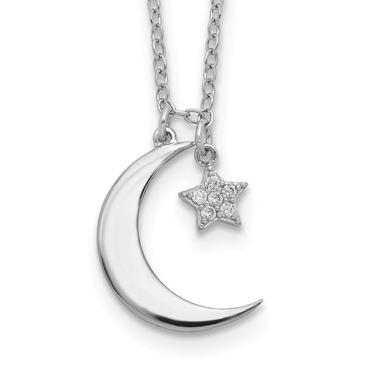 Sterling Silver Rhodium-Plated CZ Star and Moon w/ 2in Ext. Necklace 16 Inches