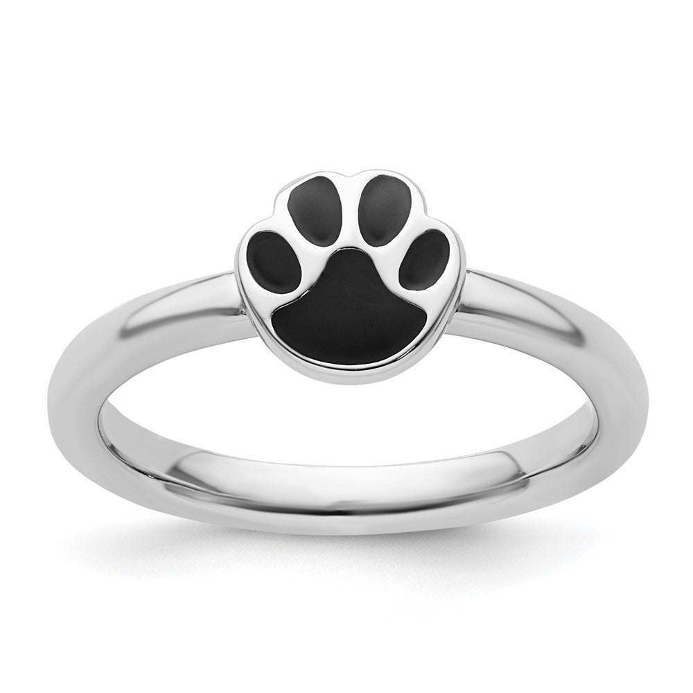 Sterling Silver Stackable Expressions Black Enamel Pawprint Ring Size -5