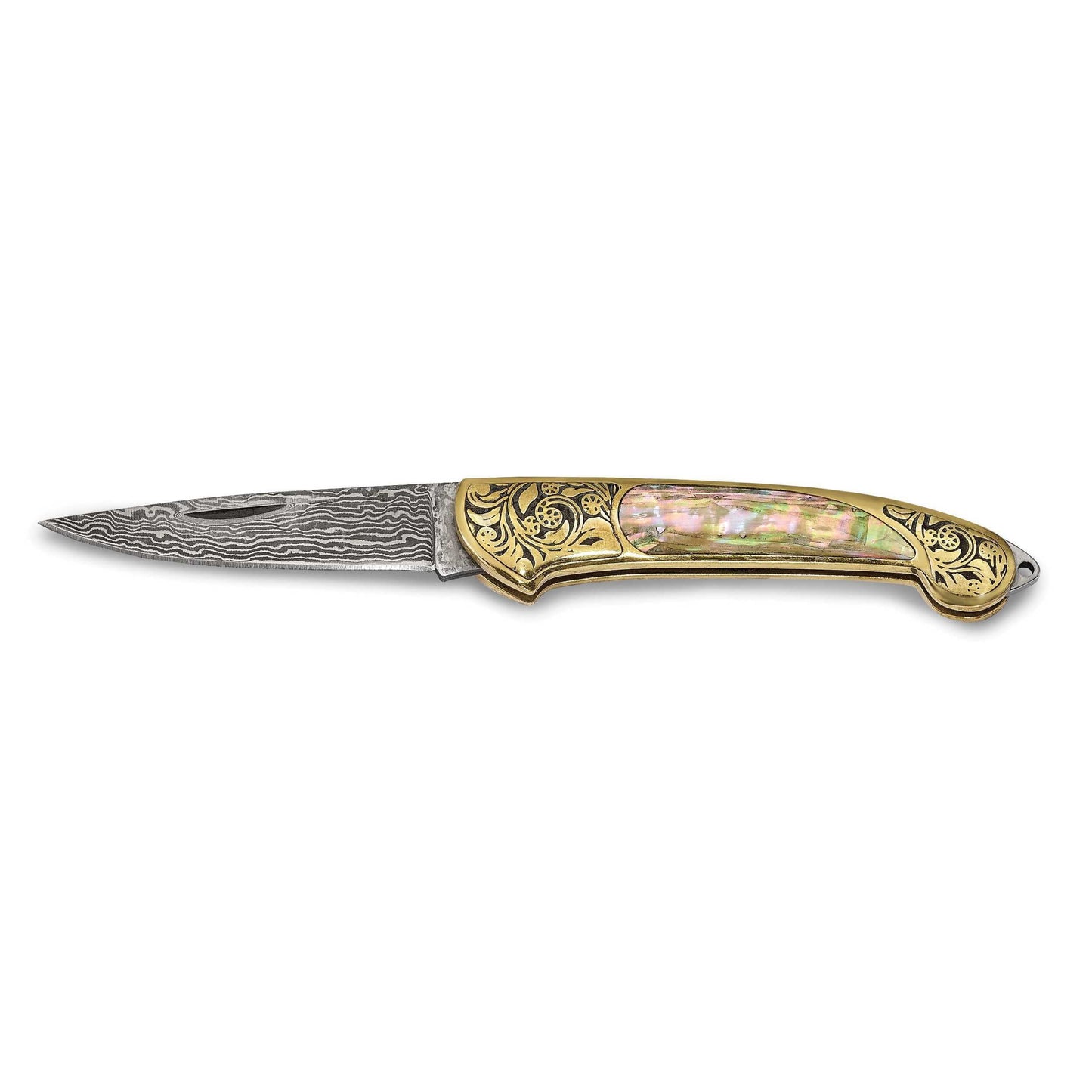 Luxury Giftware Damascus Steel 256 Layer Folding Blade Genuine Abalone Shell Handle Knife with Leather Sheath and Wooden Gift Box QKN72320