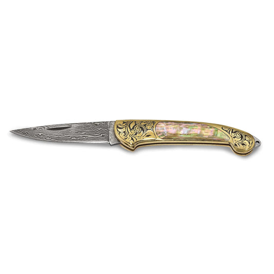 Luxury Giftware Damascus Steel 256 Layer Folding Blade Genuine Abalone Shell Handle Knife with Leather Sheath and Wooden Gift Box QKN72320