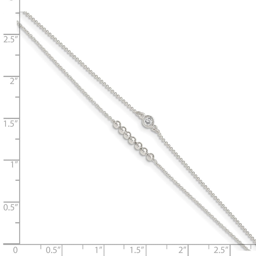 Sterling Silver 2-Strand Beaded CZ 9in Plus 1in Ext. Anklet 9 inches