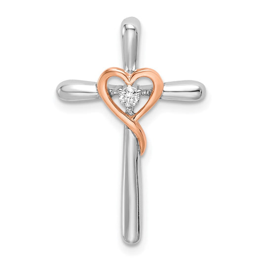 14k Two-tone White & Rose Cross w/Heart Diamond Chain Slide