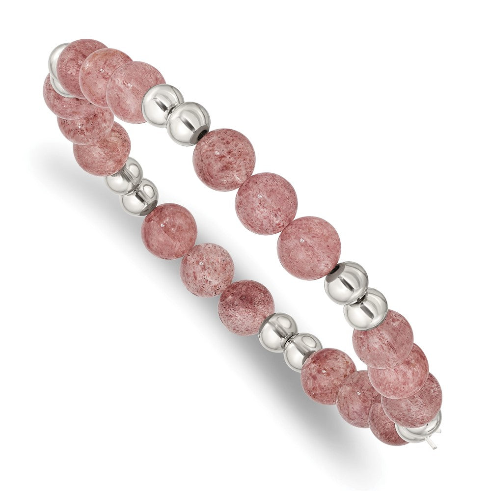 Stainless Steel Polished Strawberry Quartz Beaded Stretch Bracelet 7.25 inches