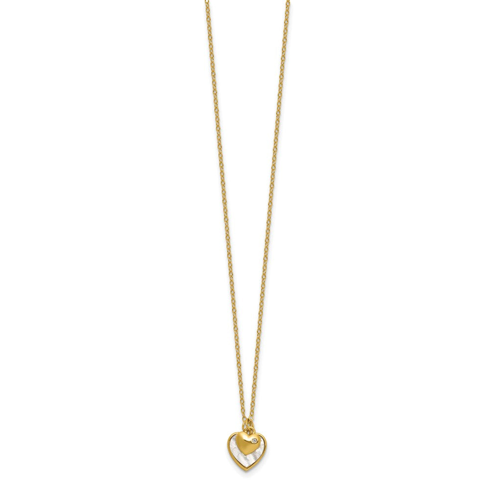 Sterling Silver Gold-tone Polished Mother of Pearl and CZ Hearts 14 Inch with 3 Inch Extension Children's Necklace