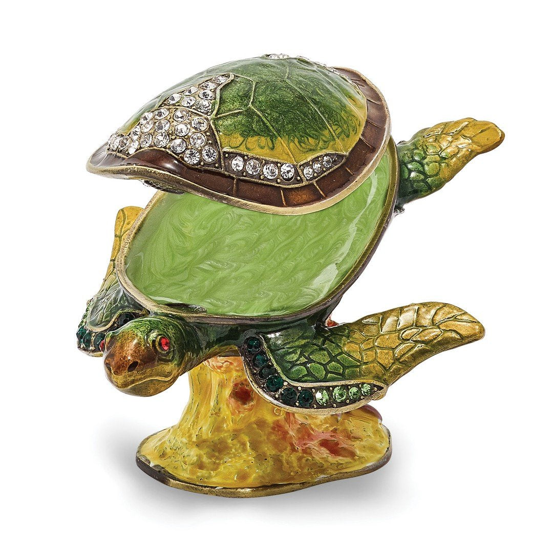 Luxury Giftware Pewter Bejeweled Crystals Gold-tone Enameled ROXY Reef Dweller Sea Turtle Trinket Box with Matching 18 Inch Necklace QBJ2086