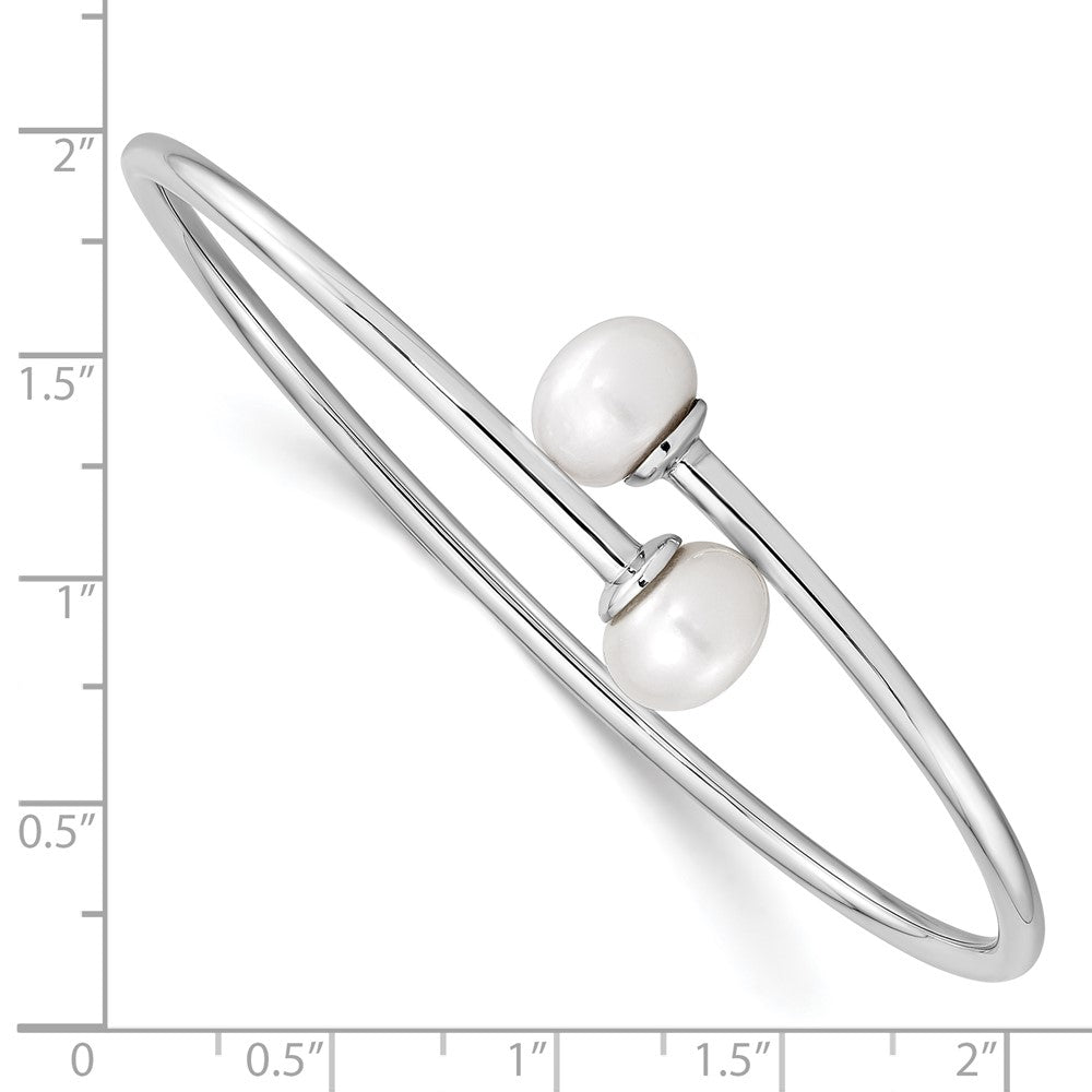 Sterling Silver Rhodium-plated 9-10mm White Freshwater Cultured Pearl Flexible Cuff Bangle 7 inches