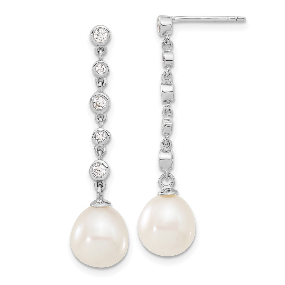 Sterling Silver Rhodium-plated 8-9mm White Teardrop Freshwater Cultured Pearl and CZ 17 inch Necklace and Post Dangle Earrings Set