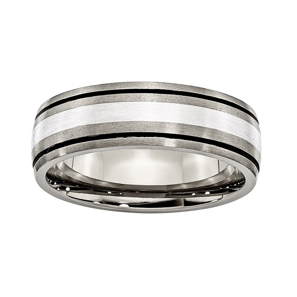 Titanium 7mm Brushed Light Center Silver Inlaid Strip w/Dark Edges Band