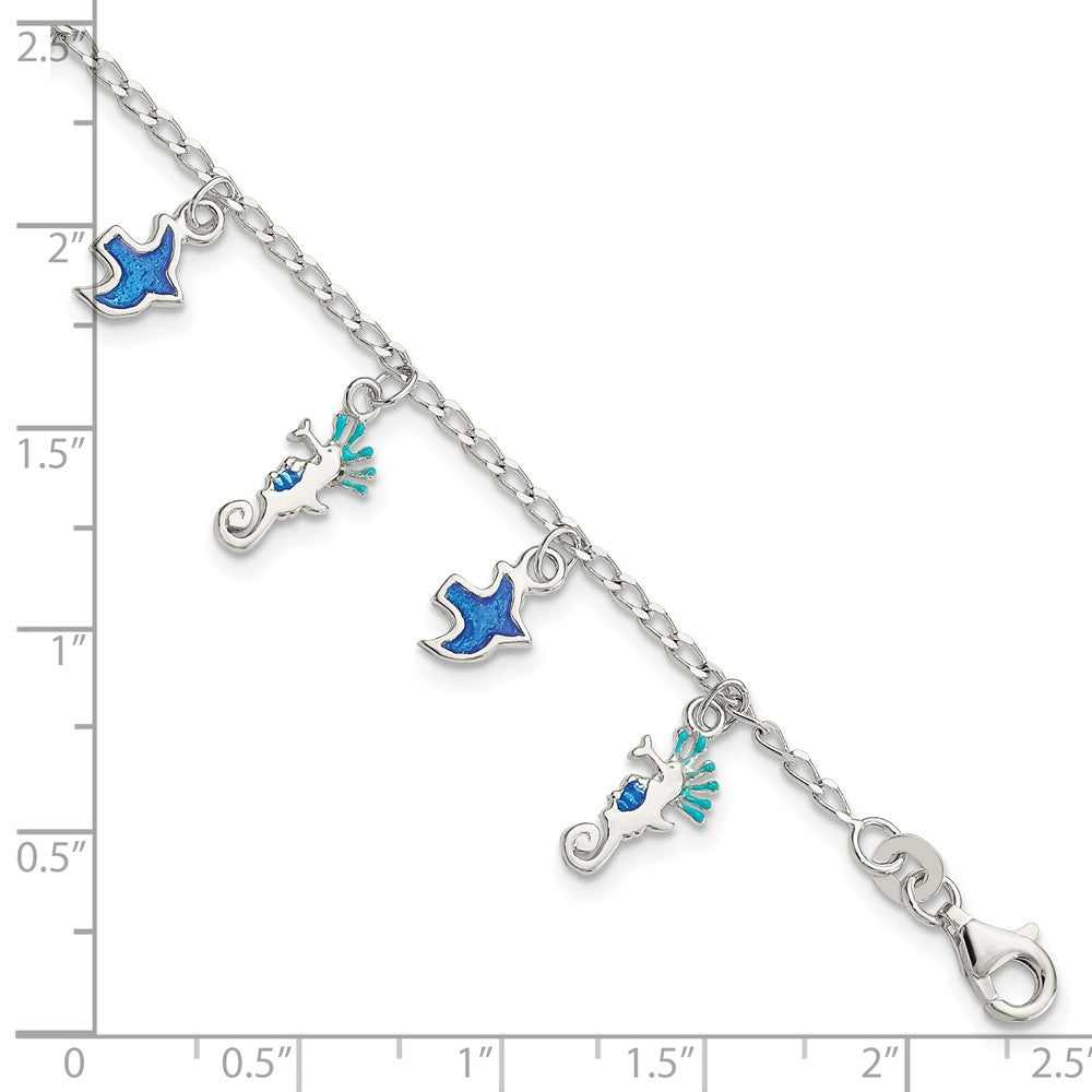 Sterling Silver Enameled Seahorse & Birds w/ 1in ext. Children's Bracelet 5 inches