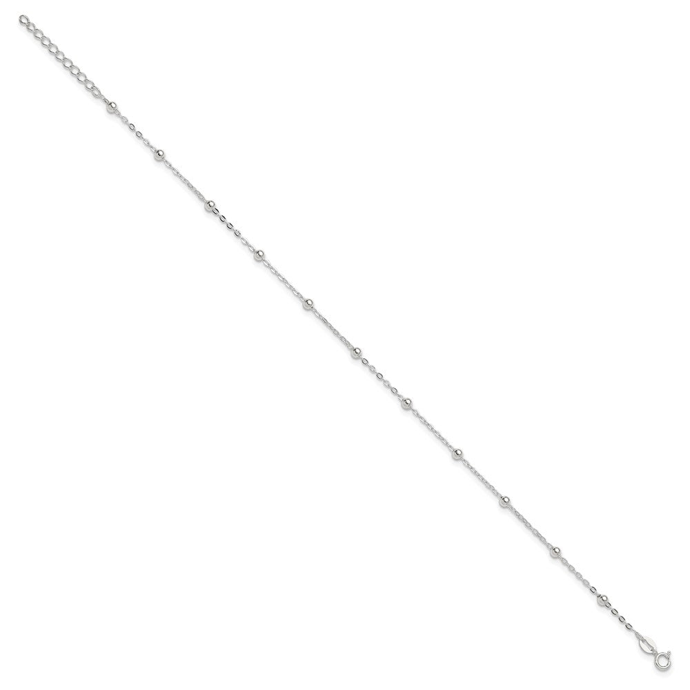 Sterling Silver 1mm Beaded Chain 9in Plus 1in ext. Anklet 9 inches