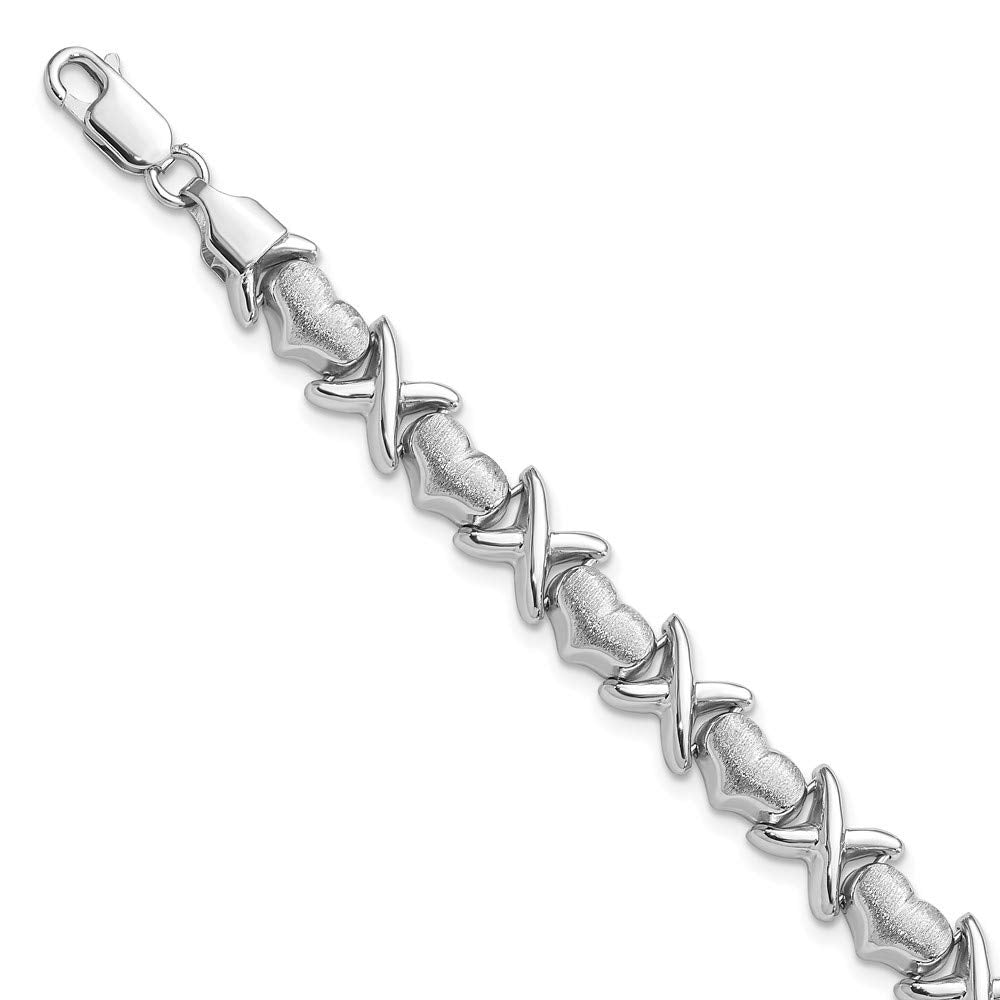Sterling Silver Rhodium Polished and Brushed X's and Hearts Bracelet 7.25 inches