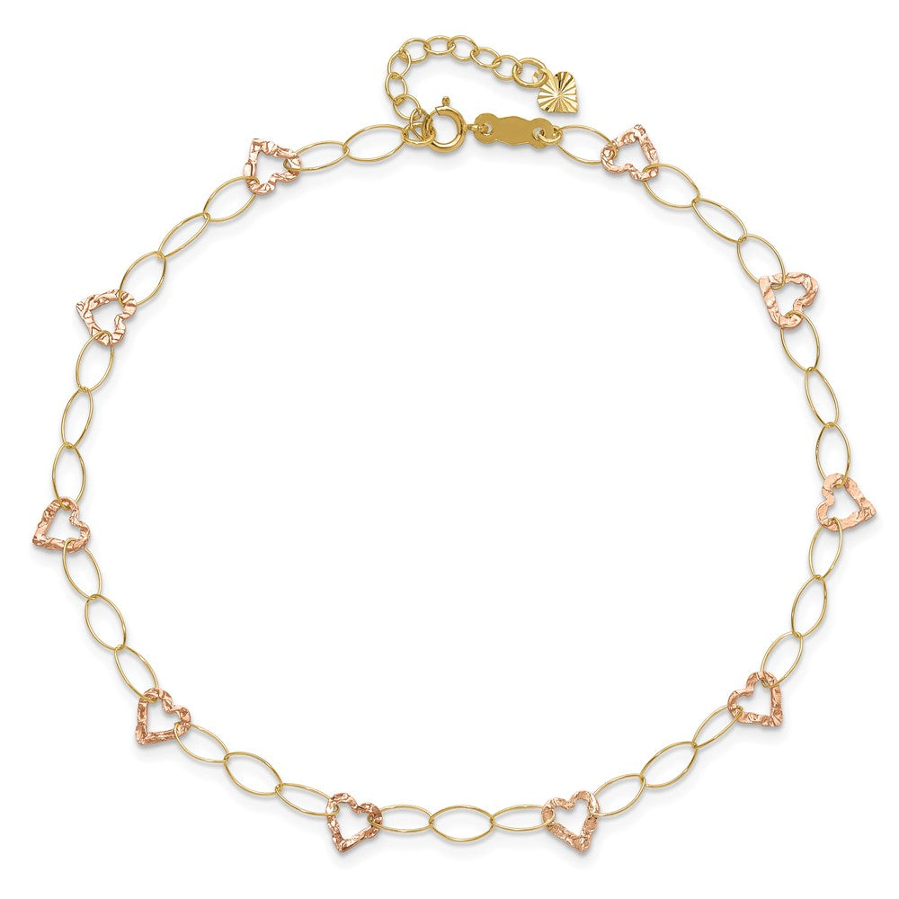 14k Two-tone Adjustable Heart 9in Plus 1in extension Anklet 9 inches