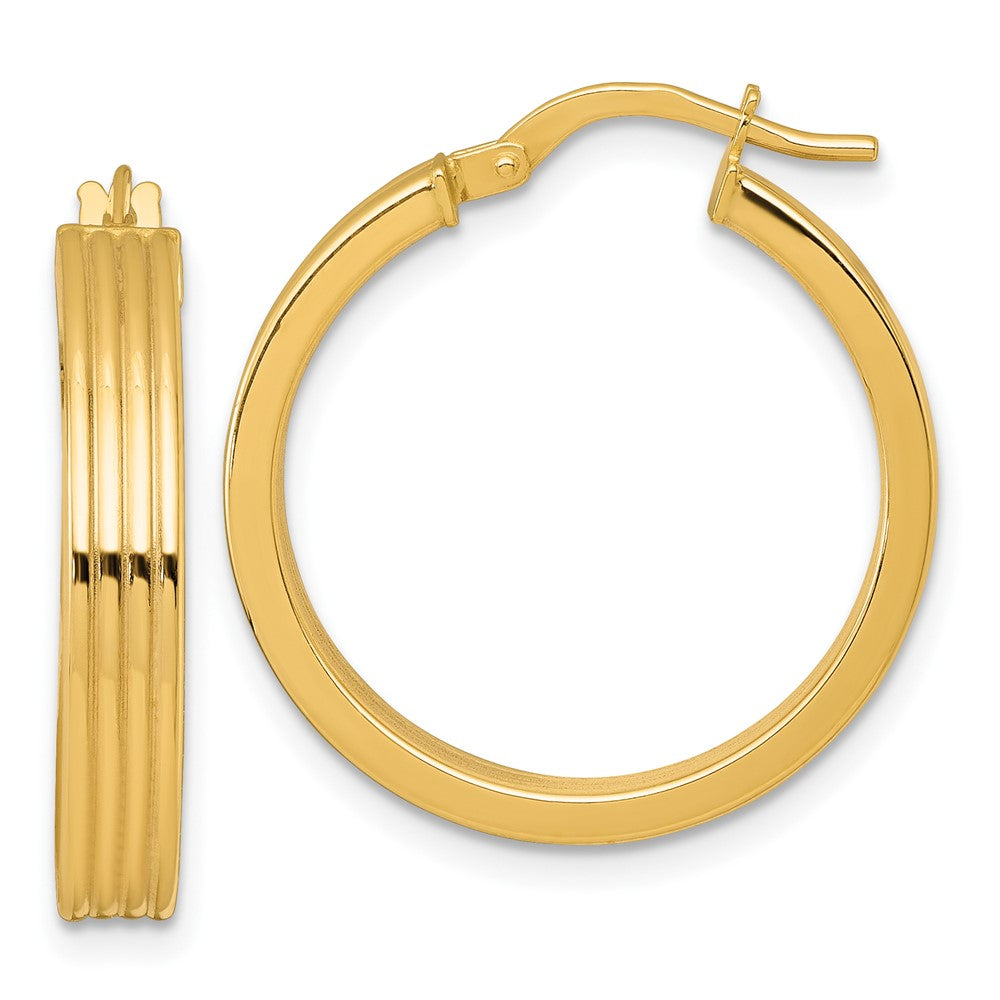 10K Polished and Grooved 4.00 x 24mm Tube Hoop Earrings