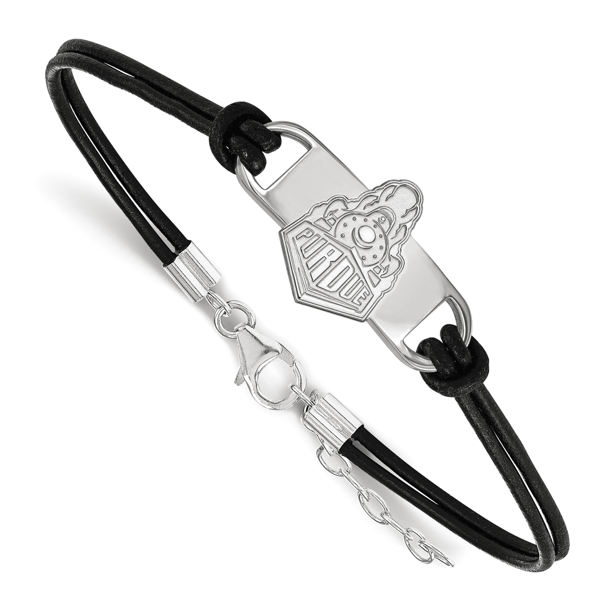 Sterling Silver Official Licensed Collegiate 7in Purdue University (PU) Small Center Leather Bracelet