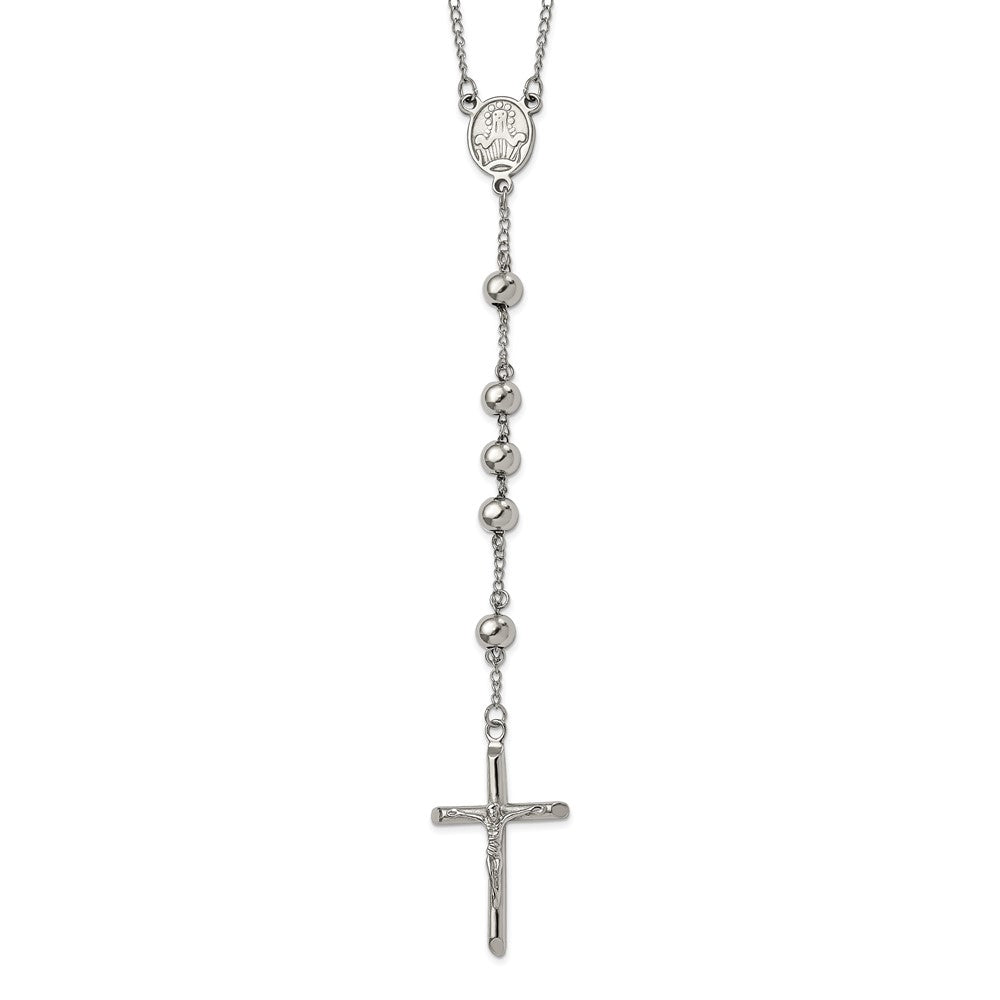 Stainless Steel Polished 8mm Beaded Rosary 32.5 inch Necklace